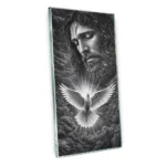 Decorative glass for a memorial with an image of Jesus and a dove
