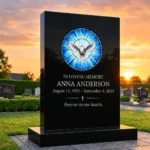 glass panel for a headstone with a dove motif on a black granite memorial