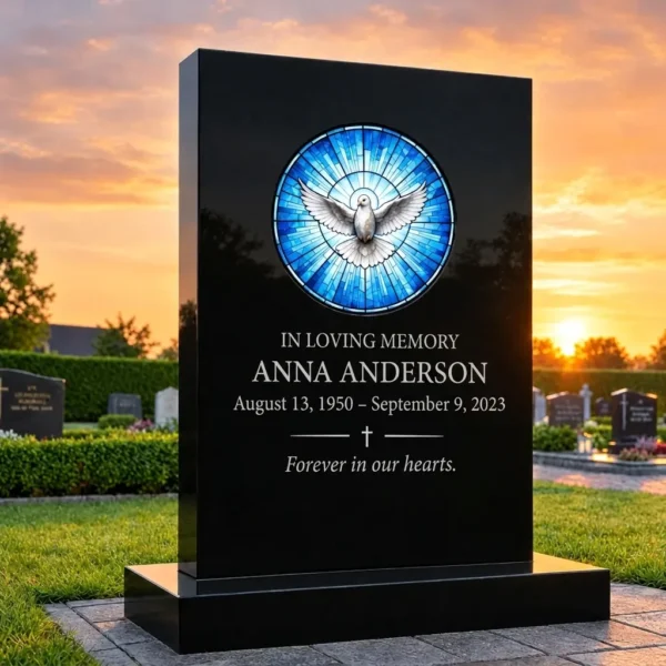 glass panel for a headstone with a dove motif on a black granite memorial