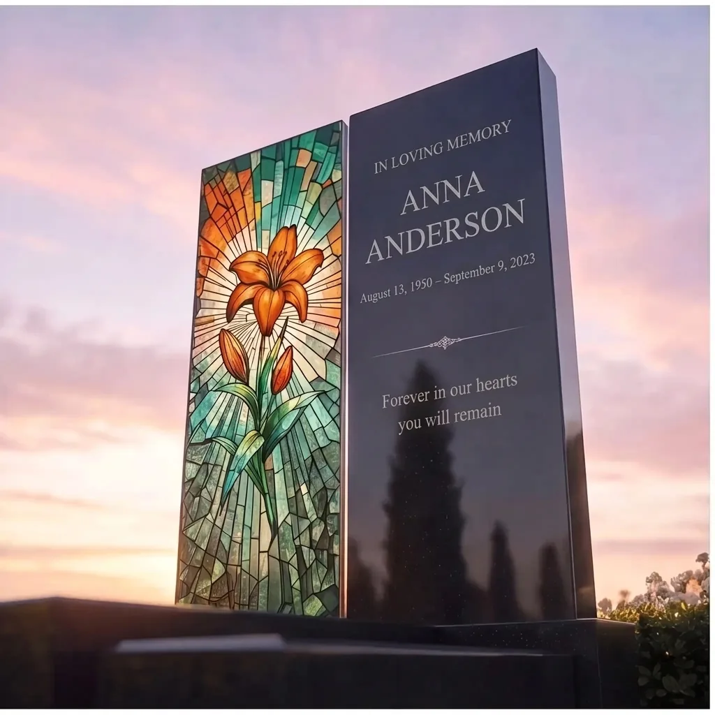 glass panel for a memorial with an image of a lily motif, decorative glass insert for a grave