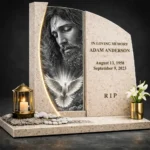 Decorative glass for a memorial with Jesus in a modern headstone