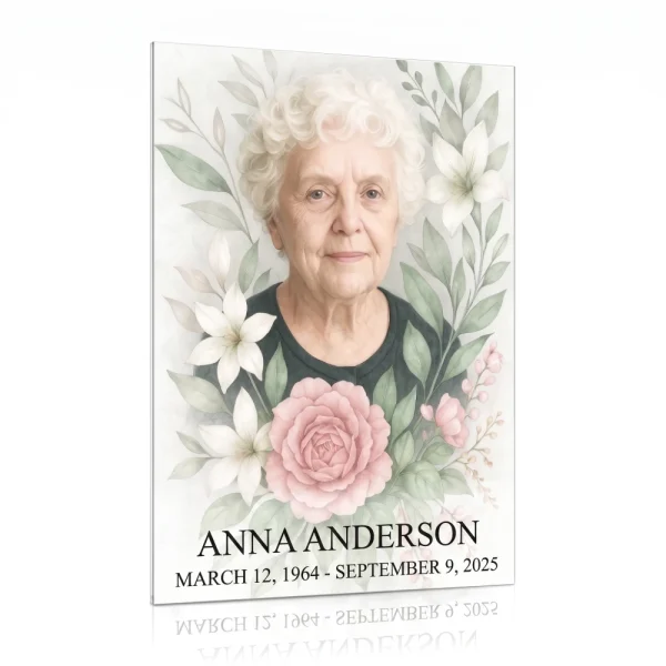 decorative glass panel for memorial with photo and floral engraving