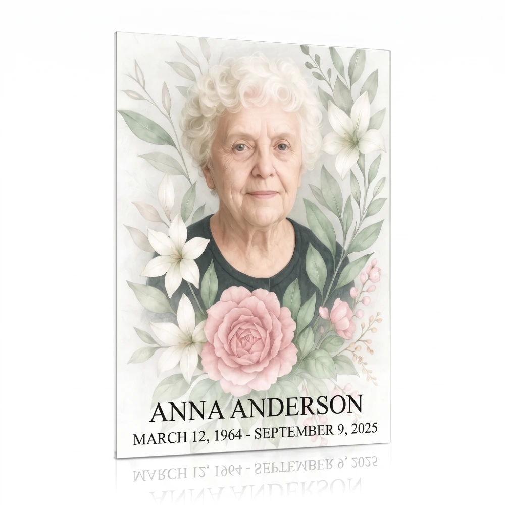 decorative glass panel for memorial with photo and floral engraving
