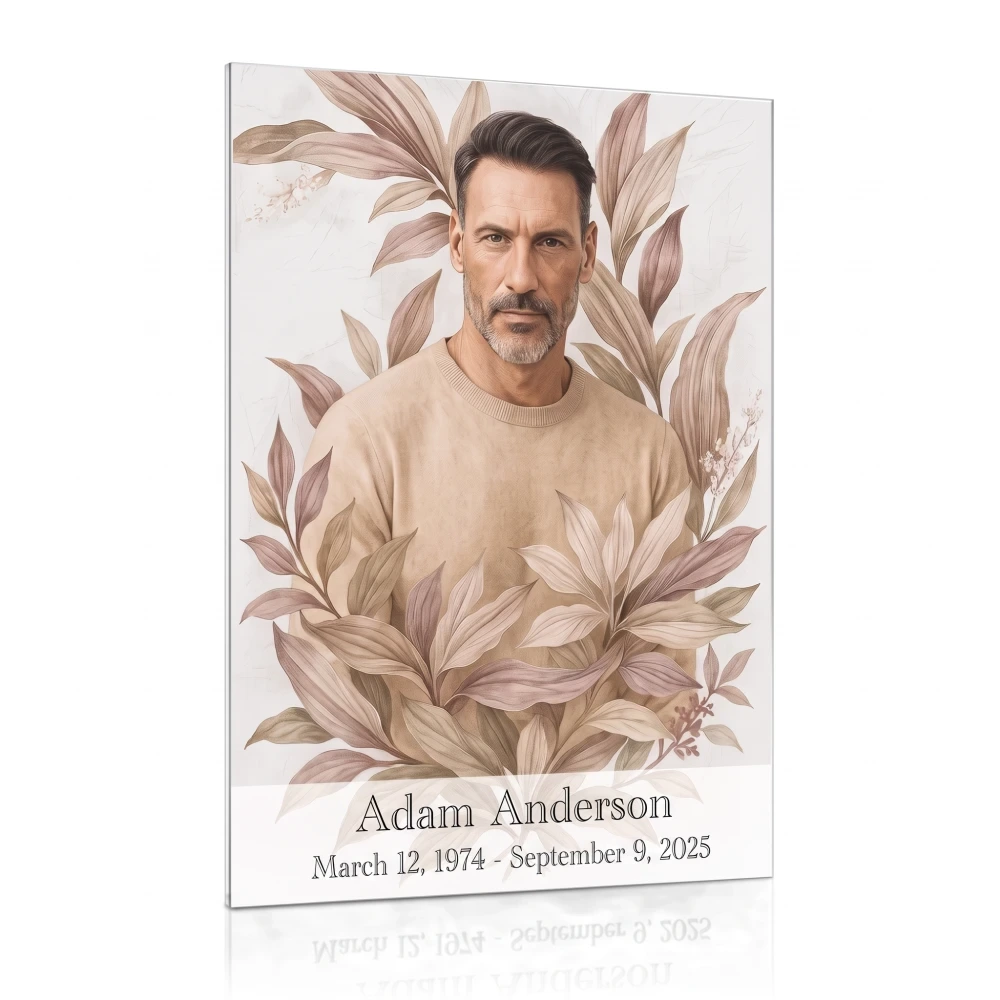 decorative glass panel for headstone with photo and floral motif