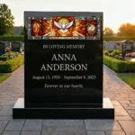 glass panel for a headstone with a religious motif and a dove