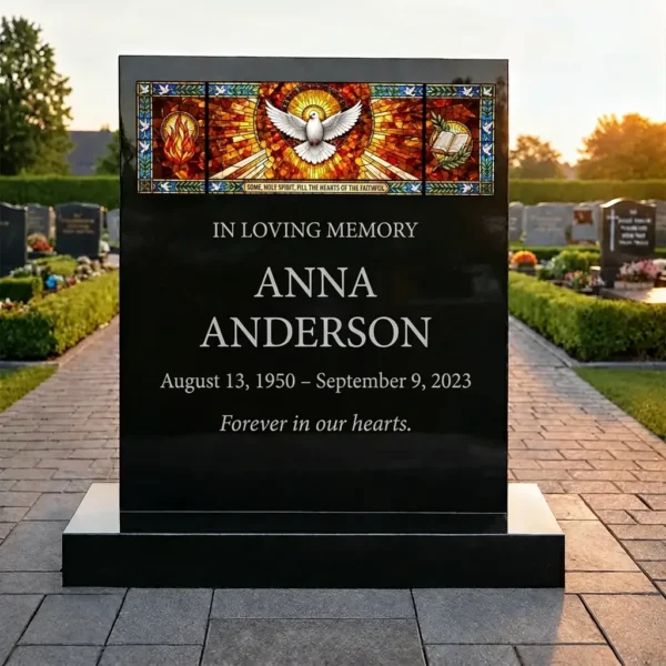 glass panel for a headstone with a religious motif and a dove