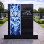 glass panel for a headstone with a religious dove motif in shades of blue