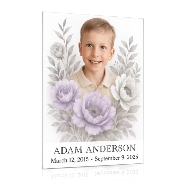 Decorative glass panel for memorial with photo and floral motif