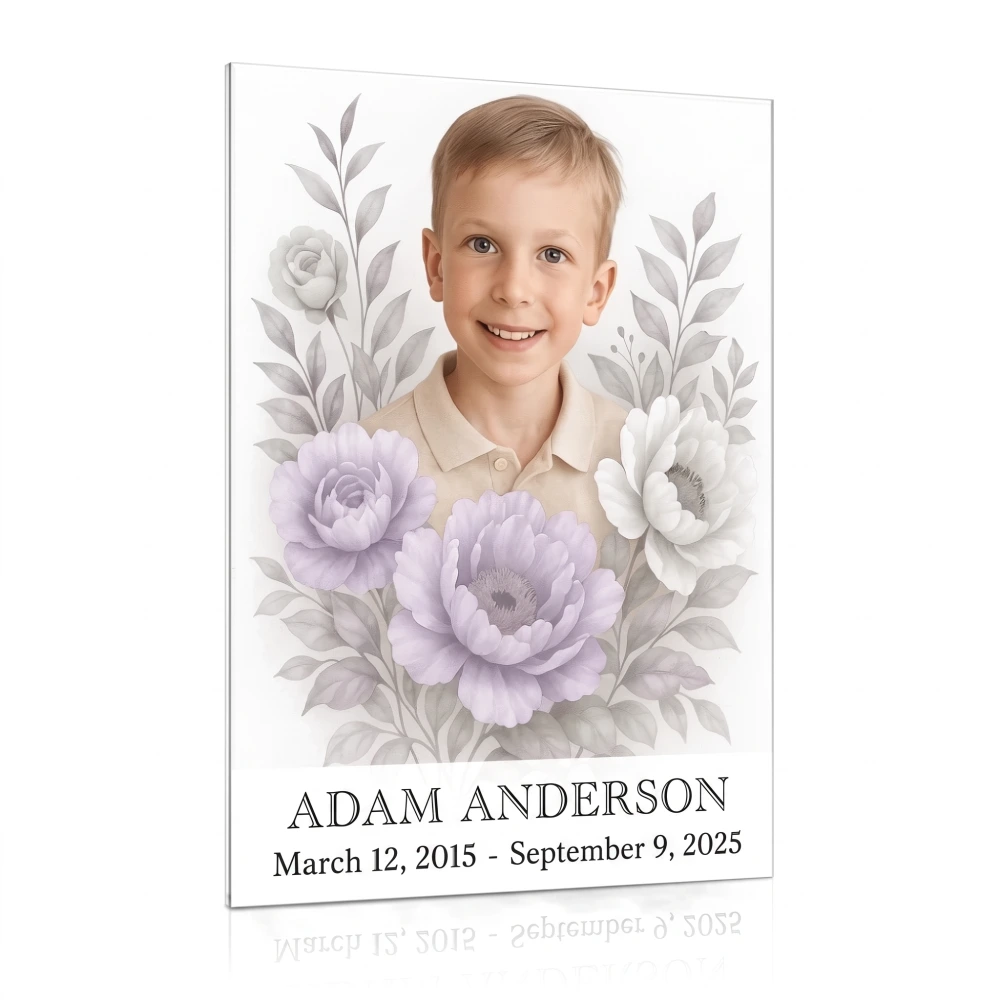 Decorative glass panel for memorial with photo and floral motif