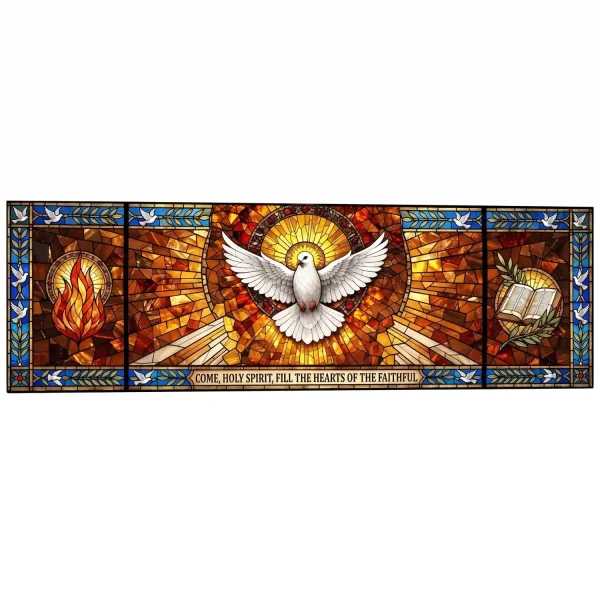 decorative glass panel for memorial with religious dove and flame motif