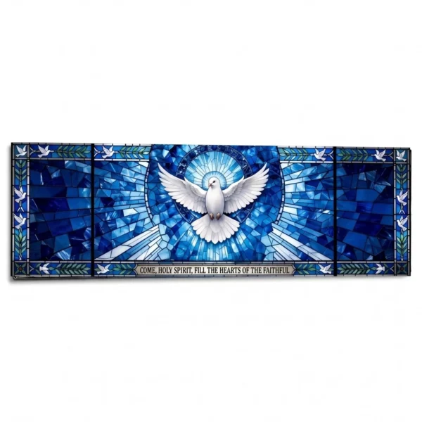 Glass panel for headstone with religious motif of dove and inscription