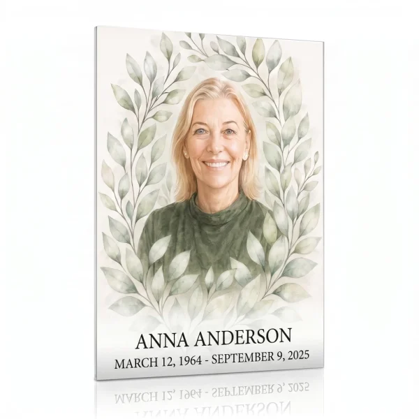 Vertical glass plaque with a portrait of a smiling woman in a wreath of light green leaves