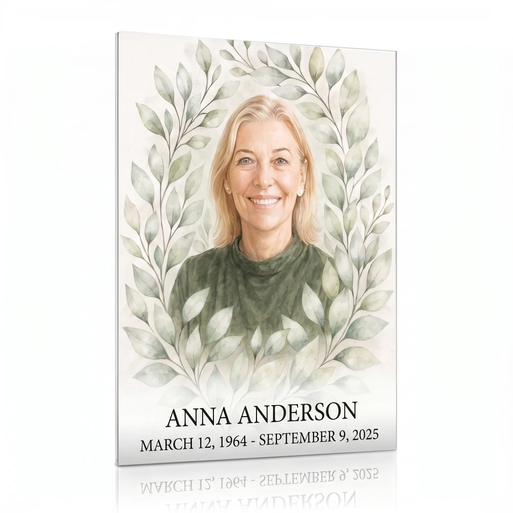 decorative glass panel for headstone with colour photo and leaf motif