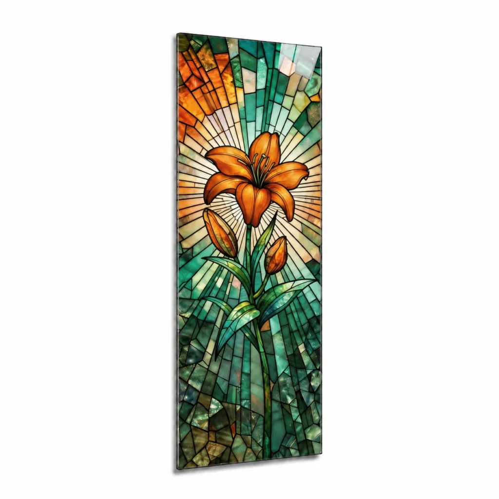 glass panel for a headstone with a lily motif in the stained-glass style