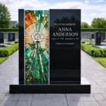 glass panel for a headstone with a rose motif in a stained-glass mosaic
