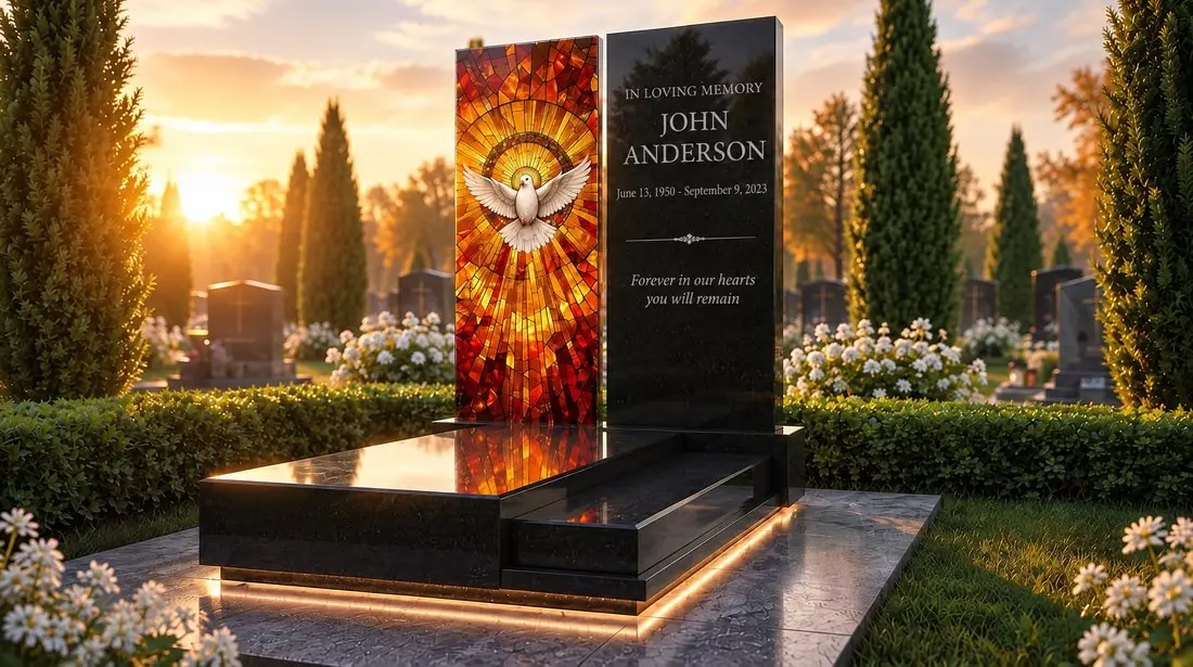 A modern black headstone with a stained glass panel showing a white dove on an orange and gold mosaic, at sunset