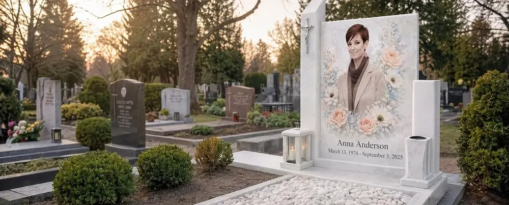 A light marble headstone in a cemetery at dusk with a large colour glass plaque showing a portrait of a woman among pastel flowers