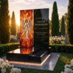 glass panel for a memorial with a religious angel motif against a black headstone
