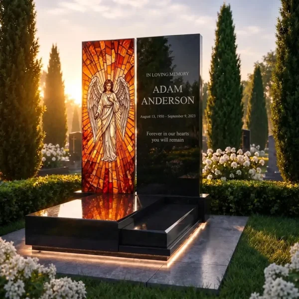 glass panel for a memorial with a religious angel motif against a black headstone