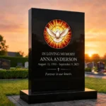 Decorative glass panel for a headstone with a religious dove motif