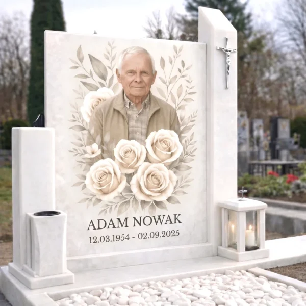 Jasny pomnik na cmentarzu z kolorową tablicą: starszy mężczyzna wśród kremowych róż