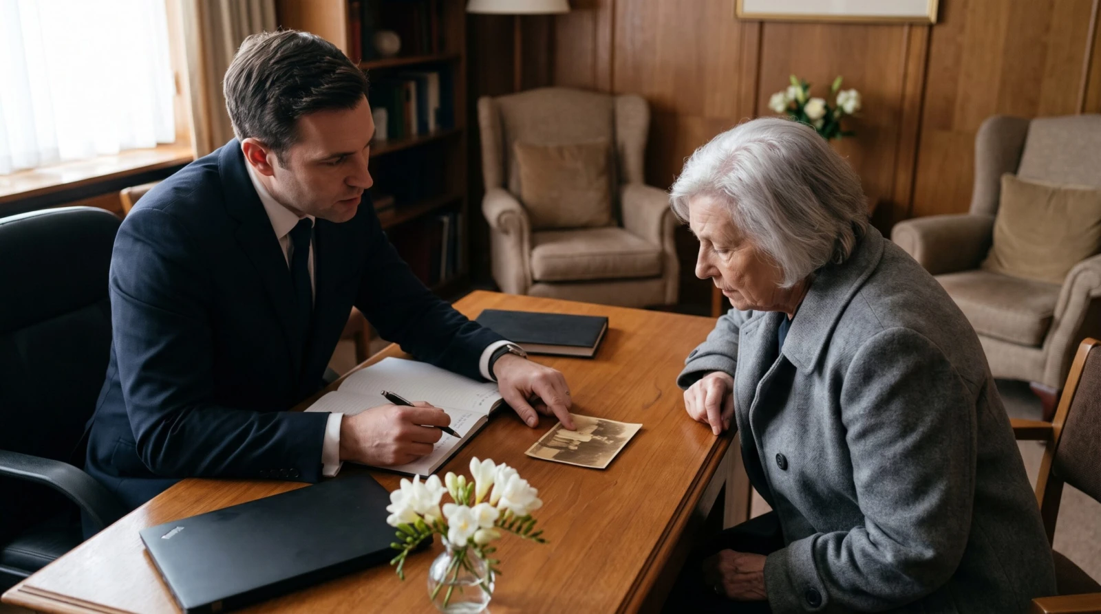 A funeral arranger and a family member looking at a small worn print on the desk