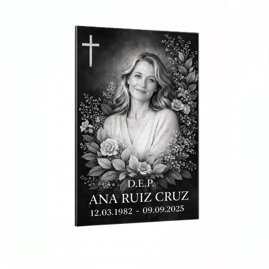 Placa funeraria en blanco y negro con foto para lápida y motivo floral