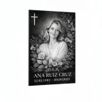 Placa funeraria en blanco y negro con foto para lápida y motivo floral