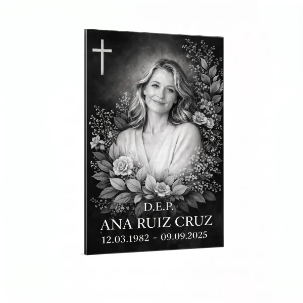 Placa funeraria en blanco y negro con foto para lápida y motivo floral