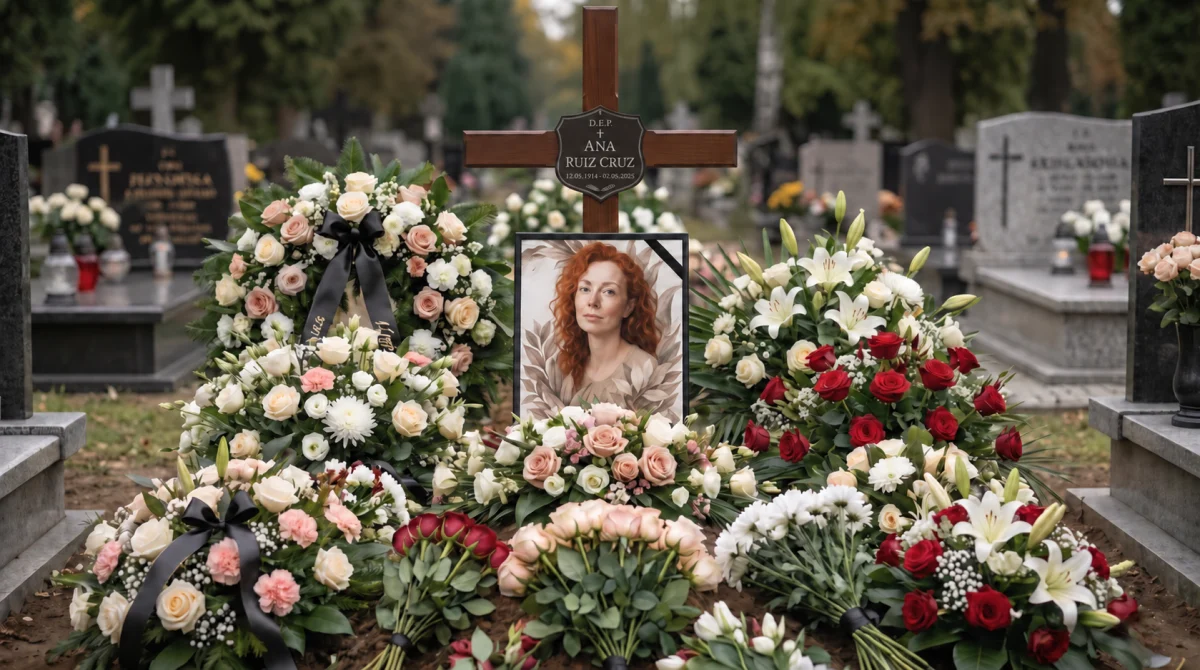 Foto en color para lápida colocada entre coronas de flores en la tumba