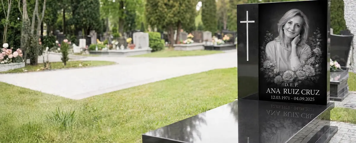 Lápida de granito negro con una cruz y una placa de vidrio en blanco y negro con el retrato de una mujer entre rosas, con un paseo del cementerio al fondo
