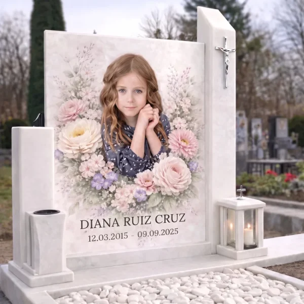 Foto grande en color para lápida con motivo floral en panteón de mármol