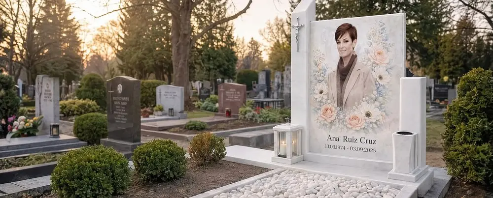 Lápida de mármol claro en un cementerio al anochecer, con una gran placa de vidrio a color con el retrato de una mujer entre flores en tonos pastel