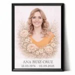 Foto en color para lápida con marco negro y motivo floral personalizado