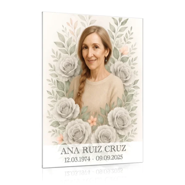 Foto para lápida de cristal con retrato en color y decoración floral