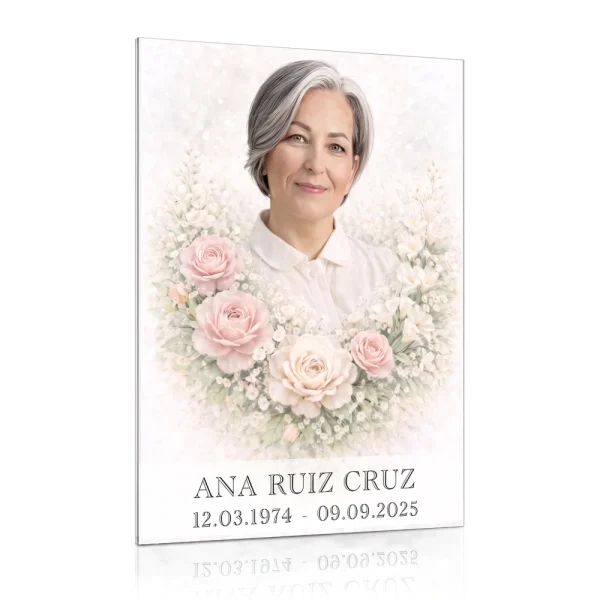 Foto para lápida de cristal en color con retrato y flores decorativas