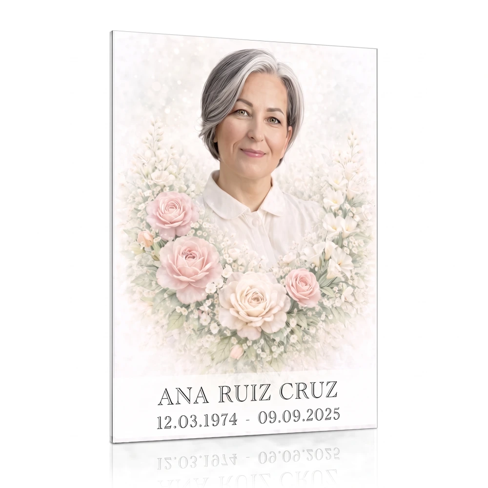 Foto para lápida de cristal en color con retrato y flores decorativas