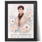 Personalised memorial portrait from photo with floral border in black frame