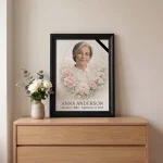 memorial portrait of deceased in a framed floral design for home remembrance