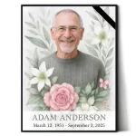 Decorative memorial panel with portrait and floral motif for headstone