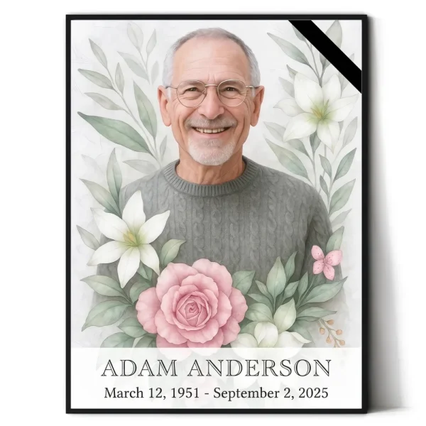 Decorative memorial panel with portrait and floral motif for headstone