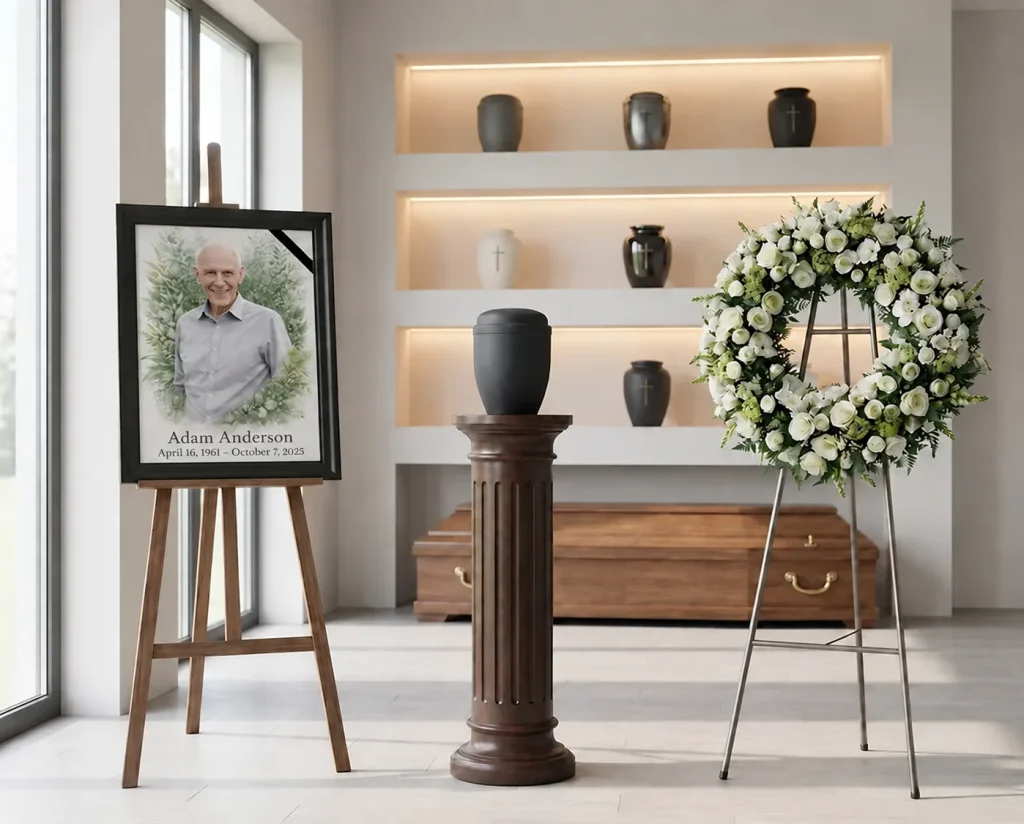 Custom photo for memorial displayed on easel at funeral home