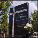 Asymmetric fused-glass cross on a black granite headstone