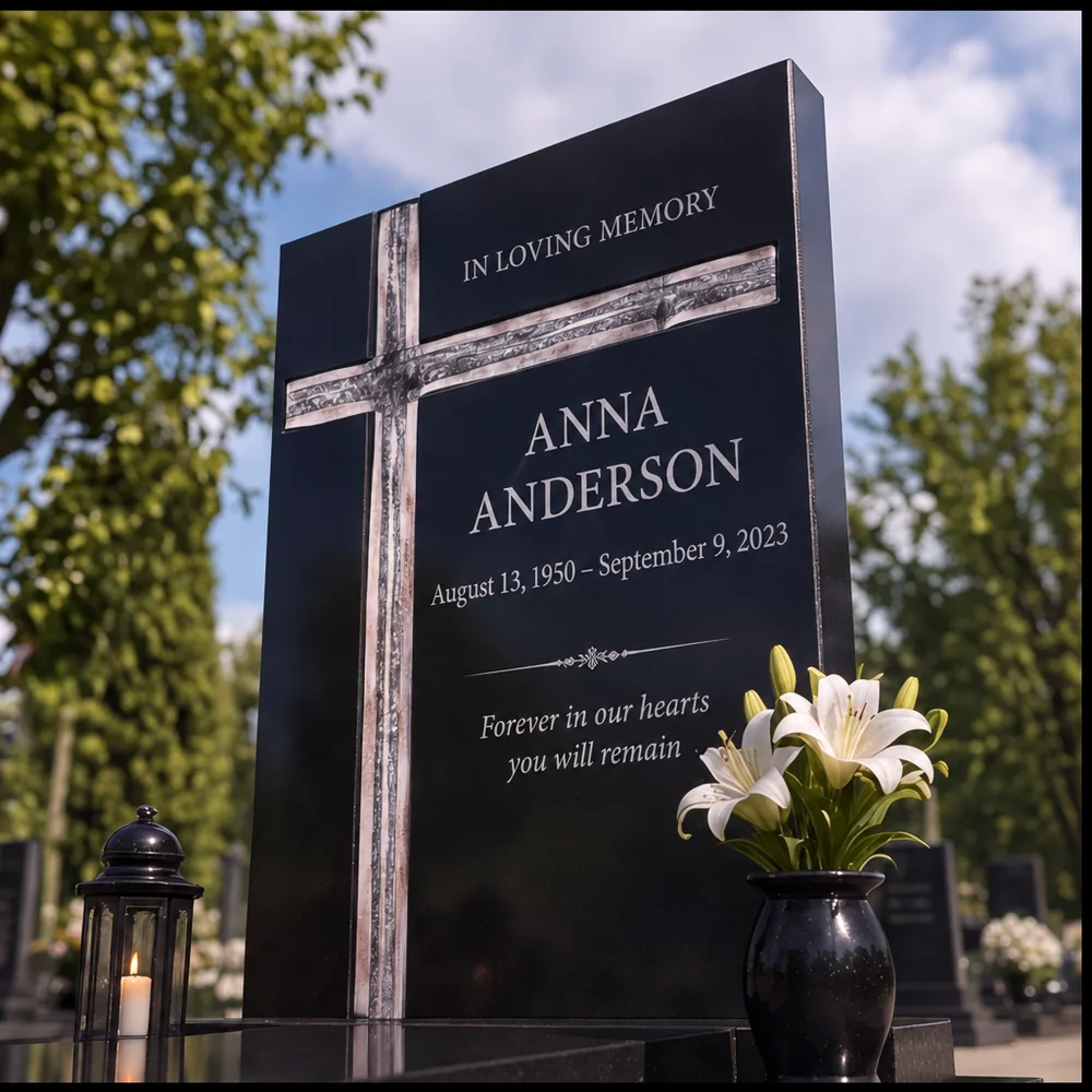 Asymmetric fused-glass cross on a black granite headstone