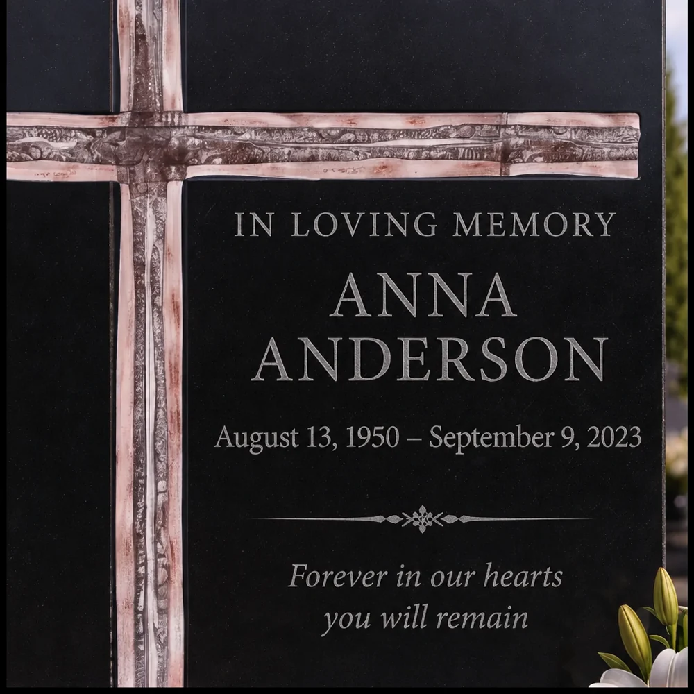 Asymmetric fused-glass cross on a black granite headstone