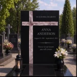 Asymmetric fused-glass cross on a black granite headstone