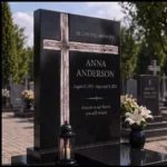 Asymmetric fused-glass cross on a black granite headstone