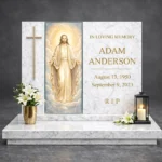 Glass decoration for a memorial – headstone glass with Jesus in a modern memorial