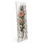 Glass memorial panel with a floral motif showing decorative roses in stained-glass style against light glass