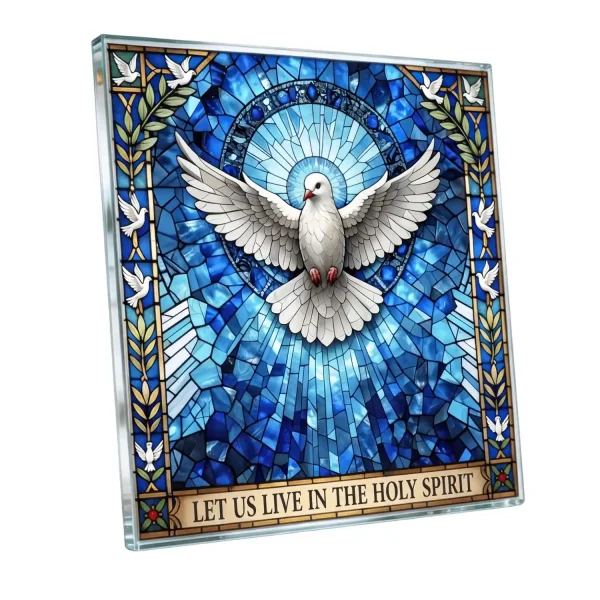 decorative glass panel for memorial with holy spirit dove and religious motif